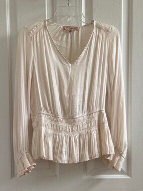Philosophy Ivory V-Neck Long Sleeve Blouse Pleated Peplum Boho Romantic Sz S
